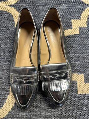 Saks Fifth Avenue Metallic Silver Kiltie Pointed Loafers